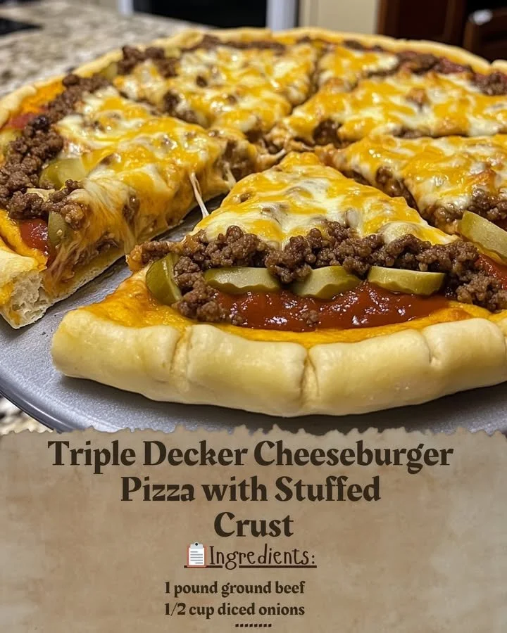 Triple Decker Cheeseburger Pizza with Stuffed Crust served with toppings