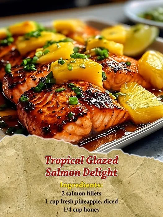 Delicious tropical glazed salmon dish served with vibrant sides
