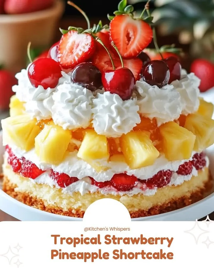 Delicious tropical strawberry pineapple shortcake topped with fresh fruit