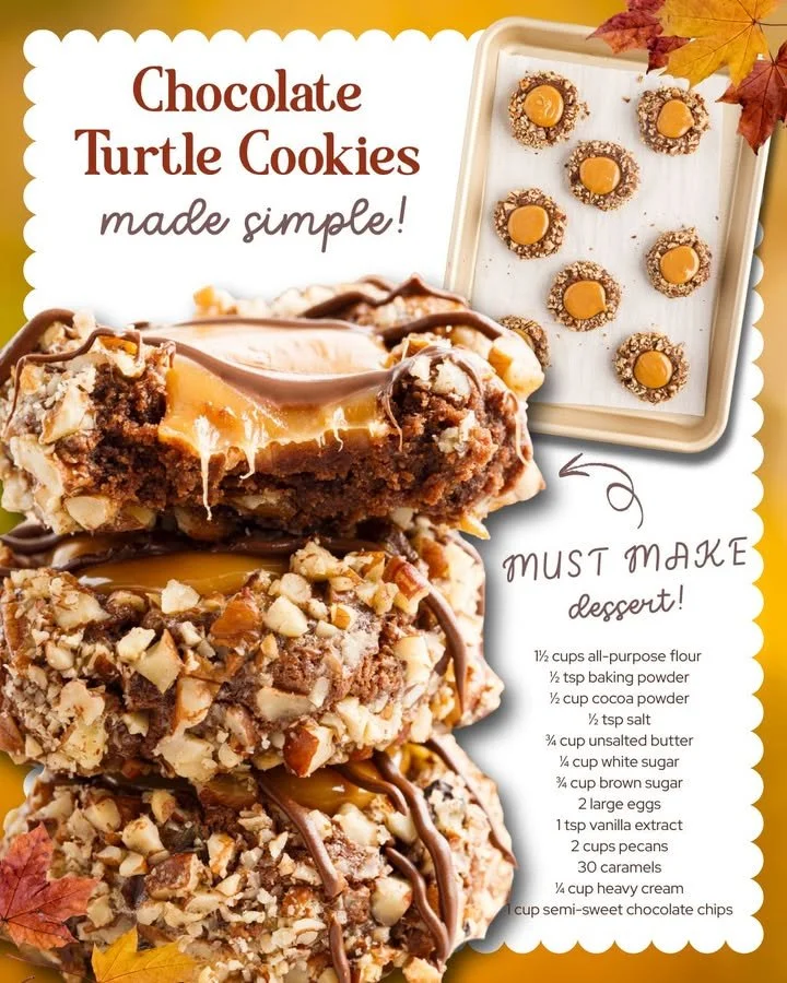 Delicious homemade Turtle Cookies with chocolate and caramel topping