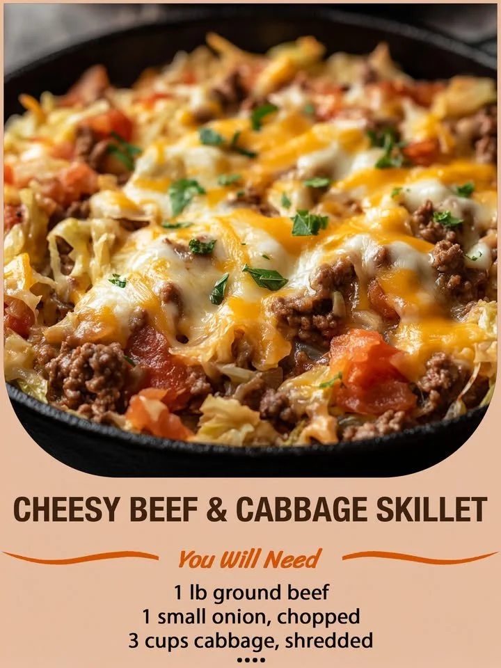 Ultimate cheesy beef and cabbage skillet in a frying pan with melted cheese