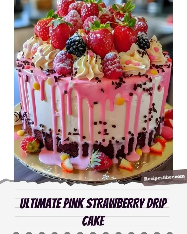 A beautifully decorated Pink Strawberry Drip Cake with fresh strawberries on top.