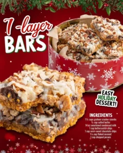 Vintage 7 layer bars stacked on a plate, showcasing layers of chocolate, coconut, and nuts.