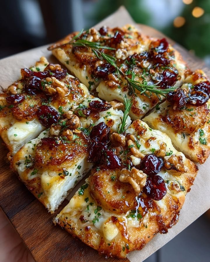 Crispy Flatbread with Brie, Cranberries & Toasted Walnuts with a Hot Honey Drizzle