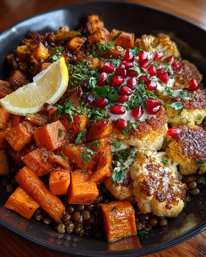Warm lentil skillet with roasted vegetables and lemon-honey tahini sauce
