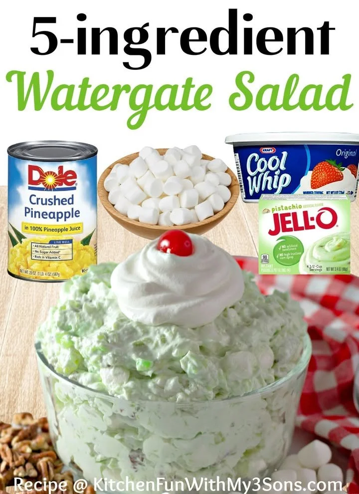 Delicious Watergate Salad dessert with green marshmallow fluff and fruit
