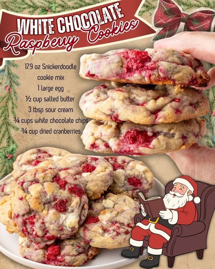 Batch of homemade white chocolate raspberry cookies on a cooling rack