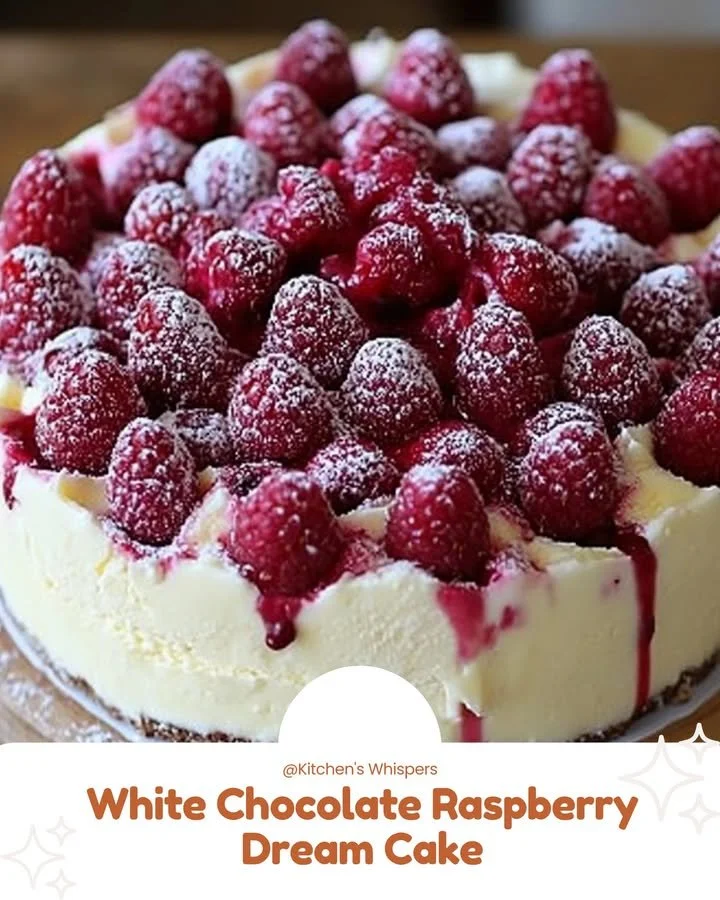 Delicious White Chocolate Raspberry Cake decorated with fresh raspberries.