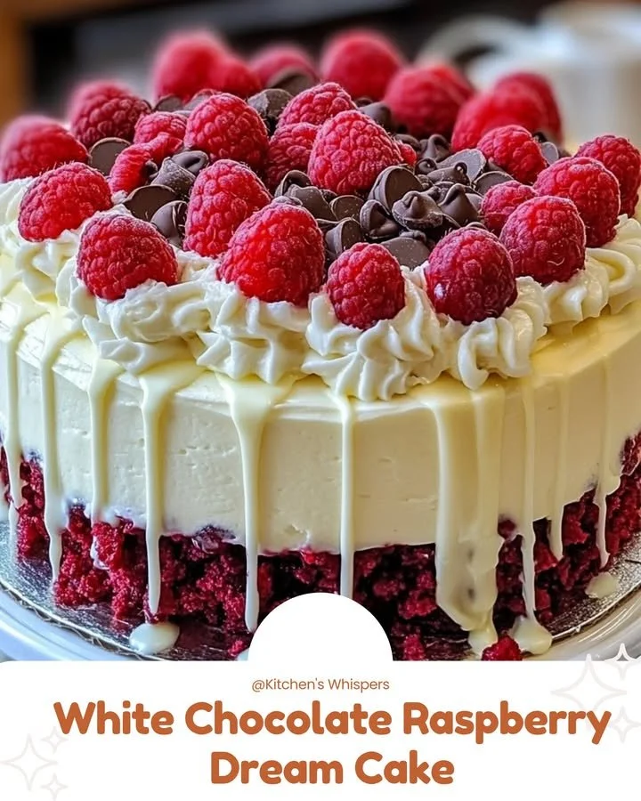 Delicious White Chocolate Raspberry Dream Cake with vibrant raspberry topping