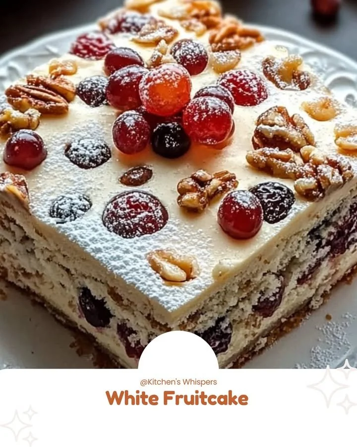 Delicious white fruitcake decorated with fruits and nuts