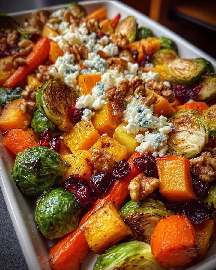 Caramelized Butternut Squash, Carrots, Brussels Sprouts, and Sweet Potato with Feta, Walnuts, and Cranberry-Honey Glaze