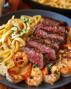 Delicious Cajun Shrimp Steak Alfredo garnished with fresh herbs