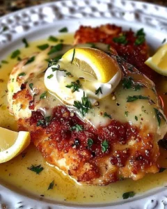 Juicy lemon pecorino chicken garnished with herbs and lemon slices