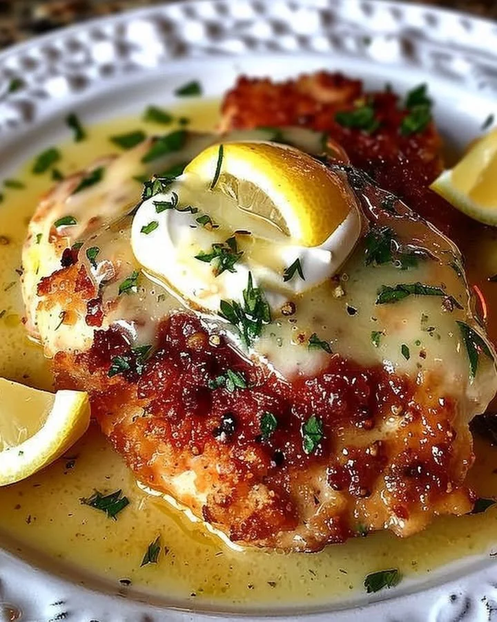 Juicy lemon pecorino chicken garnished with herbs and lemon slices