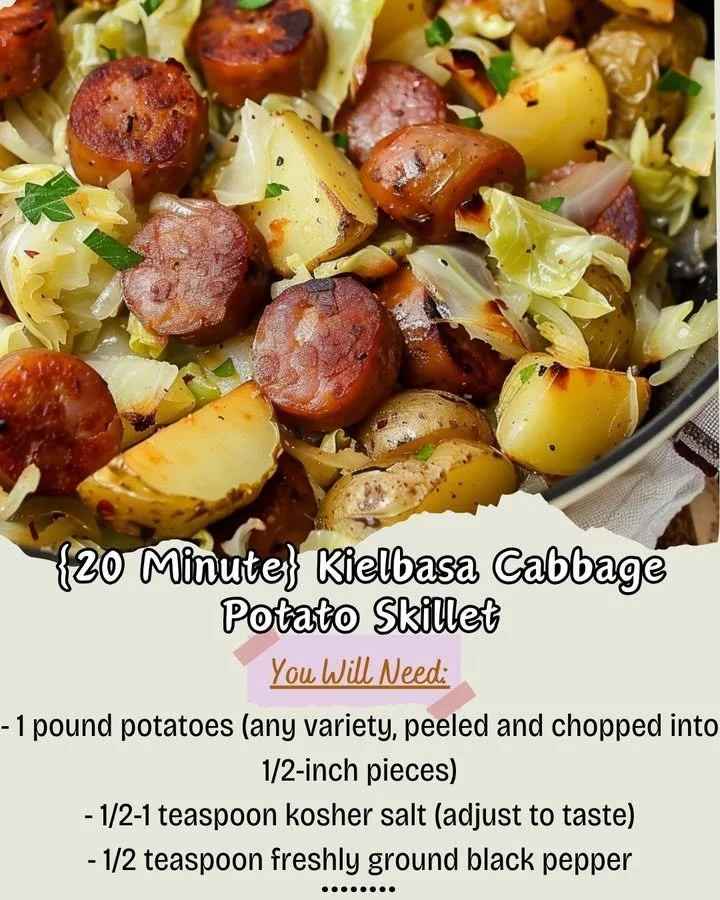 Kielbasa skillet with cabbage and potatoes cooking in a skillet