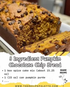Delicious 3-ingredient pumpkin chocolate chip bread loaf fresh from the oven