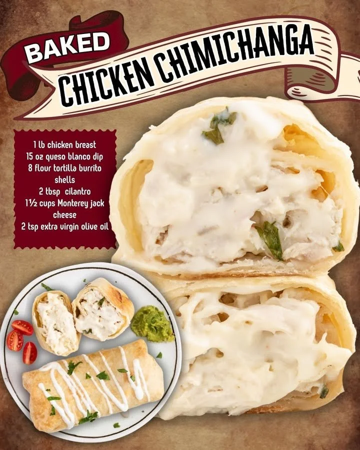 Delicious baked chicken chimichangas ready to serve with toppings.