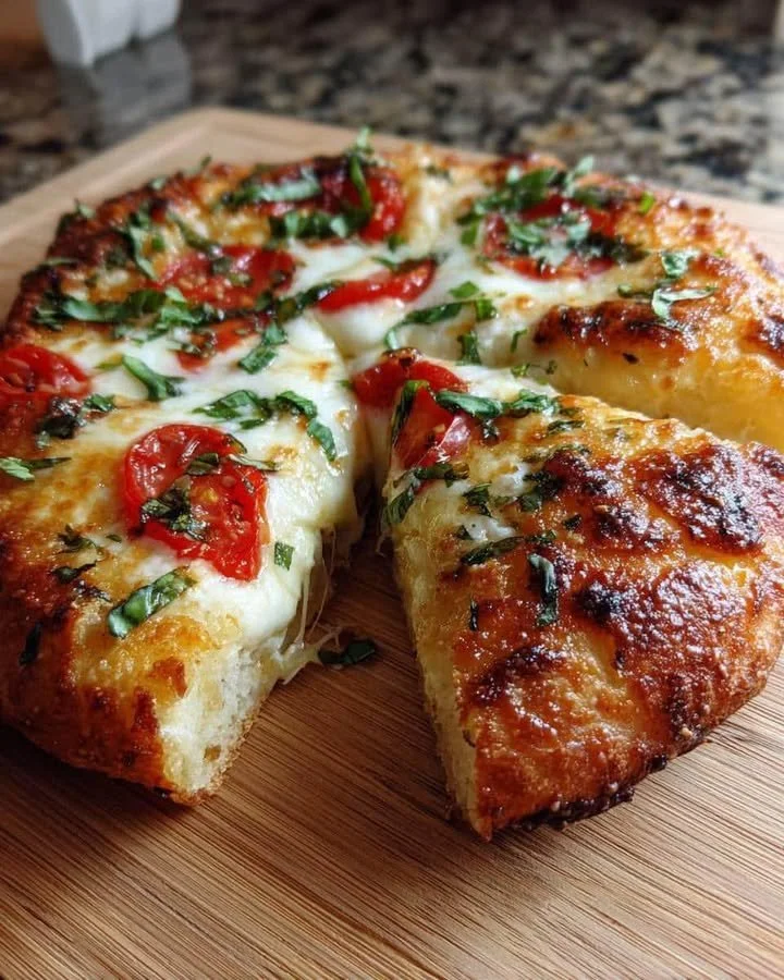 Homemade Margherita Pizza topped with fresh basil and mozzarella cheese