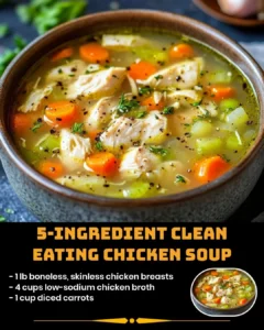 A bowl of 5-ingredient clean eating chicken soup garnished with herbs.