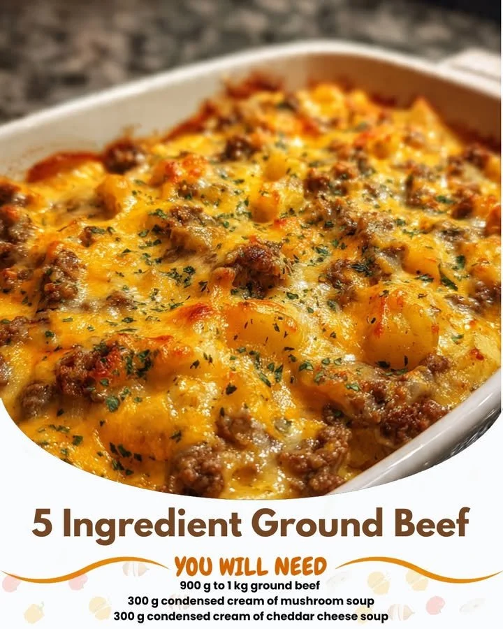 Delicious 5 ingredient ground beef casserole ready to serve.