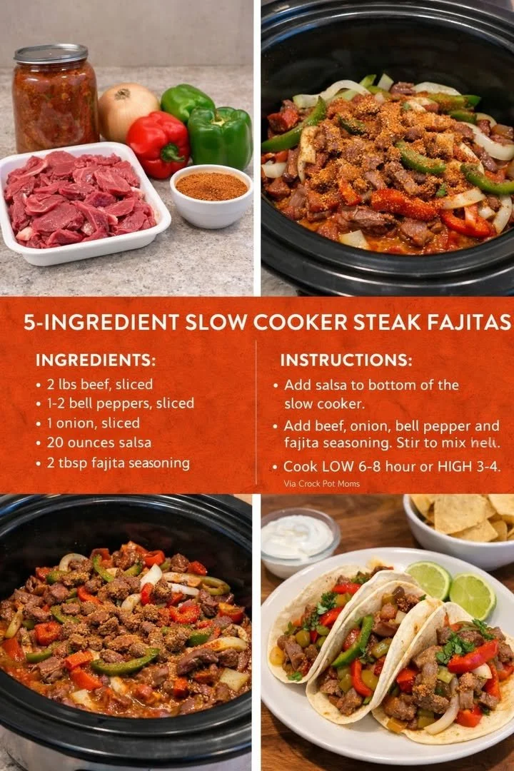 Slow cooker steak fajitas with colorful peppers and onions