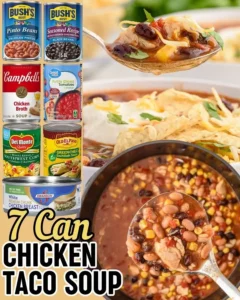 Delicious 7 Can Chicken Taco Soup served in a bowl with toppings