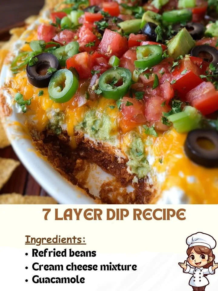 Delicious 7 layer dip with colorful layers of beans, cheese, and vegetables.