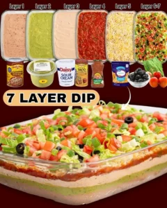 Delicious 7 layer dip served in a bowl with tortilla chips