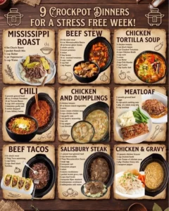 A selection of 9 easy and delicious crockpot dinners for effortless meal prep.