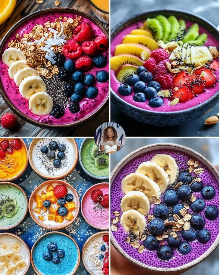 Delicious acai smoothie bowl topped with fresh fruits and granola