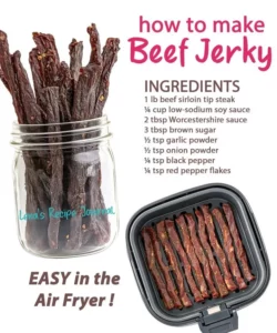 Delicious air fryer beef jerky made from marinated meat.