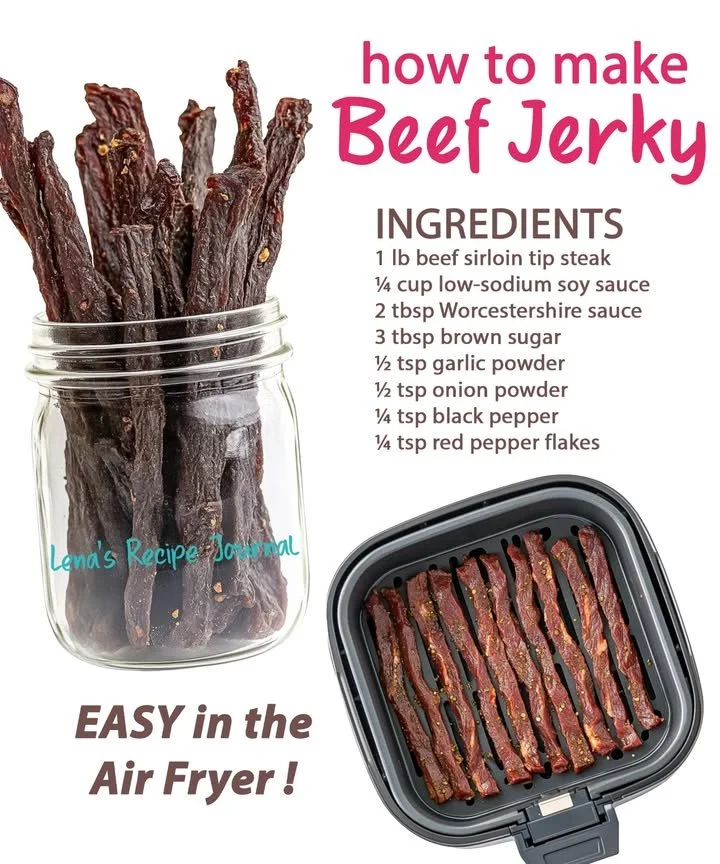 Delicious air fryer beef jerky made from marinated meat.