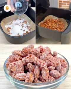 Air fryer candied almonds in a bowl with a sprinkle of sugar