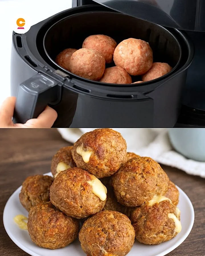 Delicious air fryer meatballs served on a plate with sauce and herbs.