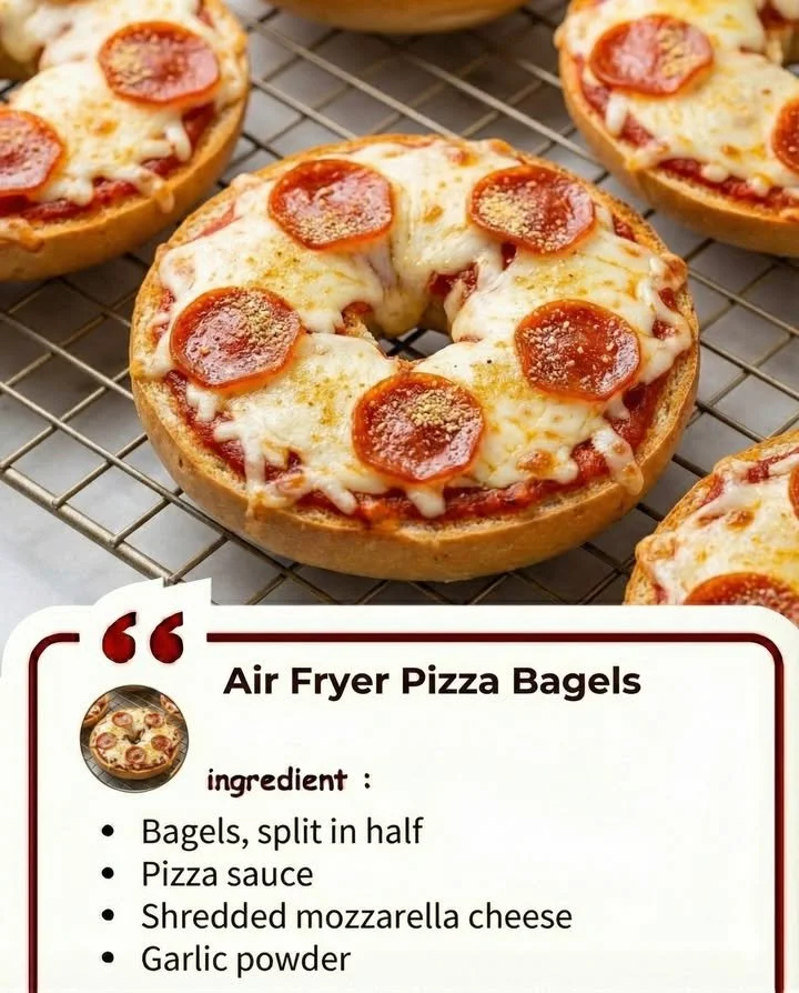 Air Fryer Pizza Bagels topped with cheese and pepperoni