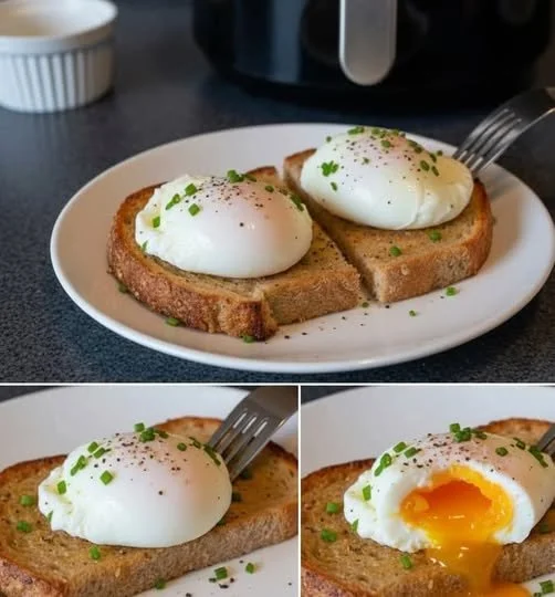 Air fryer poached eggs served on toast with fresh herbs