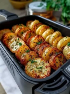 Golden crispy air fryer potato slices served in a bowl.