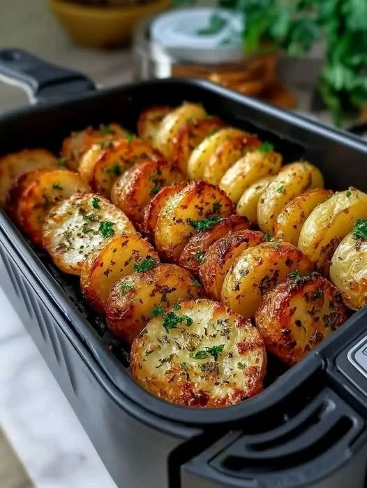 Golden crispy air fryer potato slices served in a bowl.
