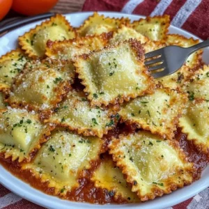 Golden brown air fryer ravioli on a plate ready to serve