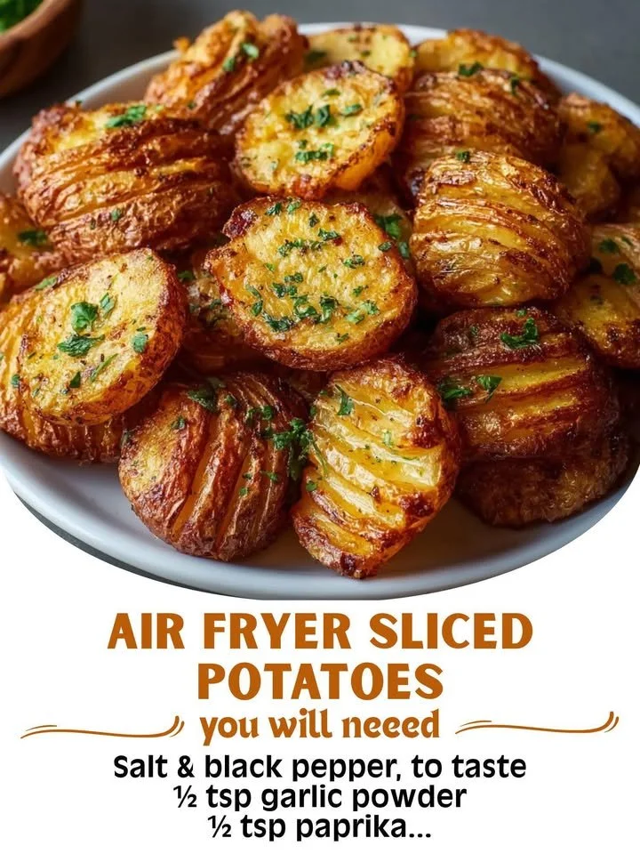 Plate of crispy air fryer sliced potatoes garnished with herbs.