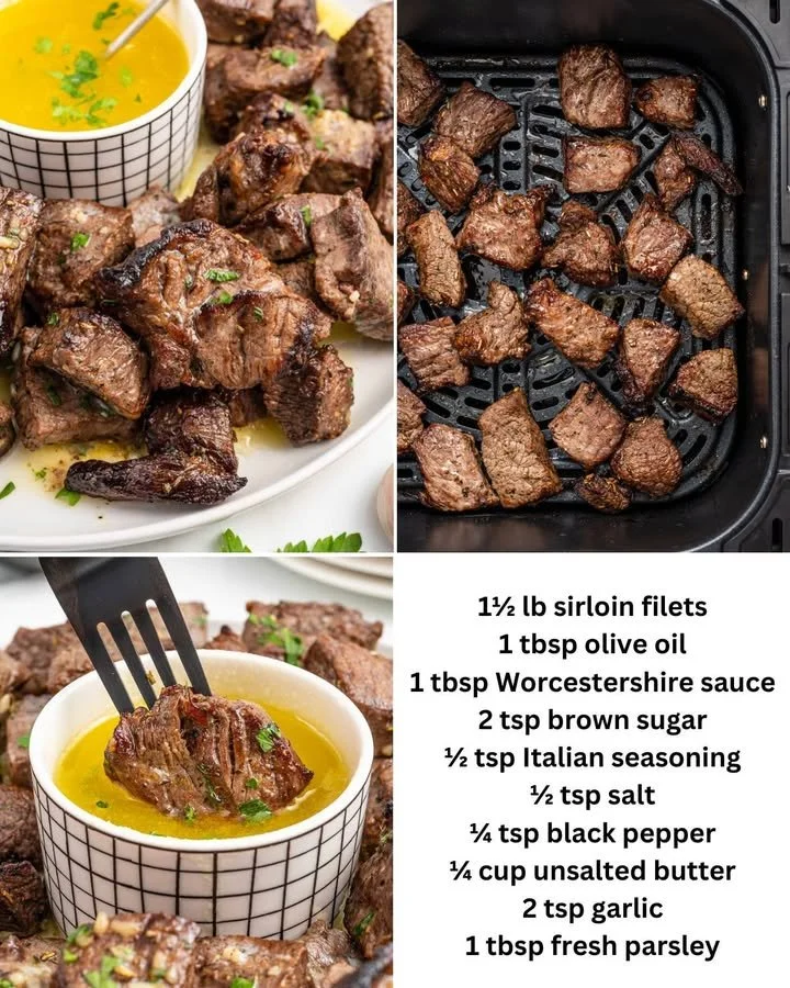 Air fryer steak bites cooked to perfection, golden and juicy.
