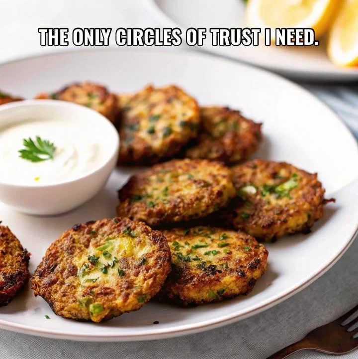 Crispy air fryer zucchini fritters served on a plate with dipping sauce.