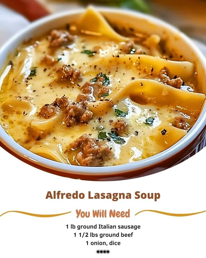 Bowl of creamy Alfredo Lasagna soup garnished with herbs and cheese