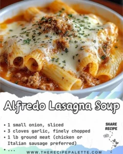 Delicious bowl of creamy Alfredo Lasagna Soup garnished with herbs