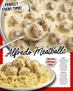 Creamy Alfredo sauce with meatballs served on a plate