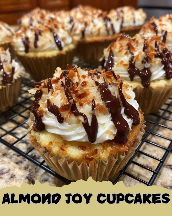 Delicious Almond Joy Cupcakes topped with chocolate, coconut, and almond.