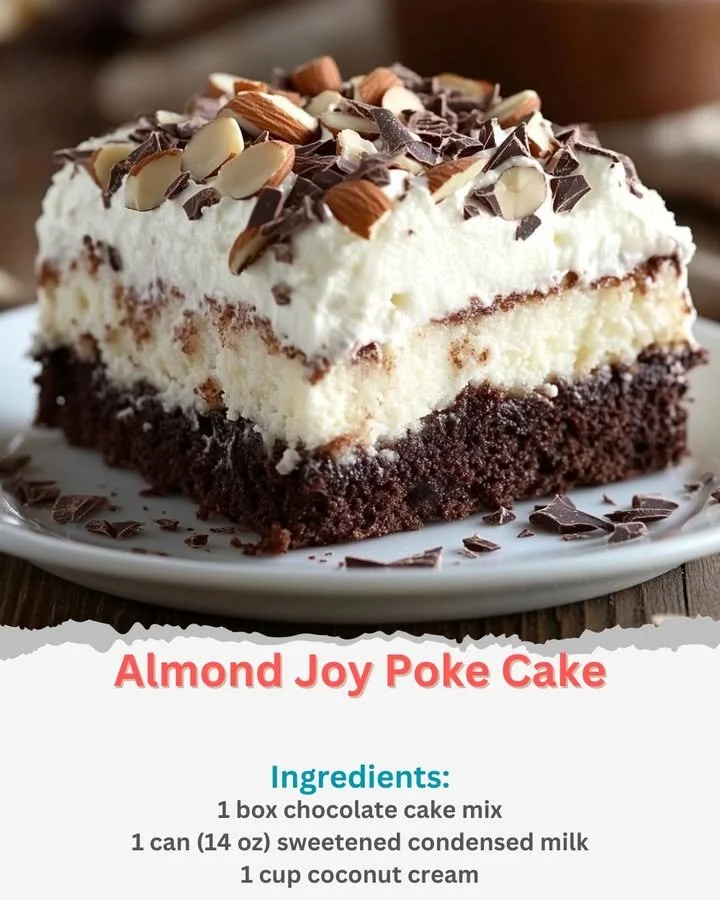 Delicious Almond Joy Poke Cake topped with chocolate, coconut, and almonds.