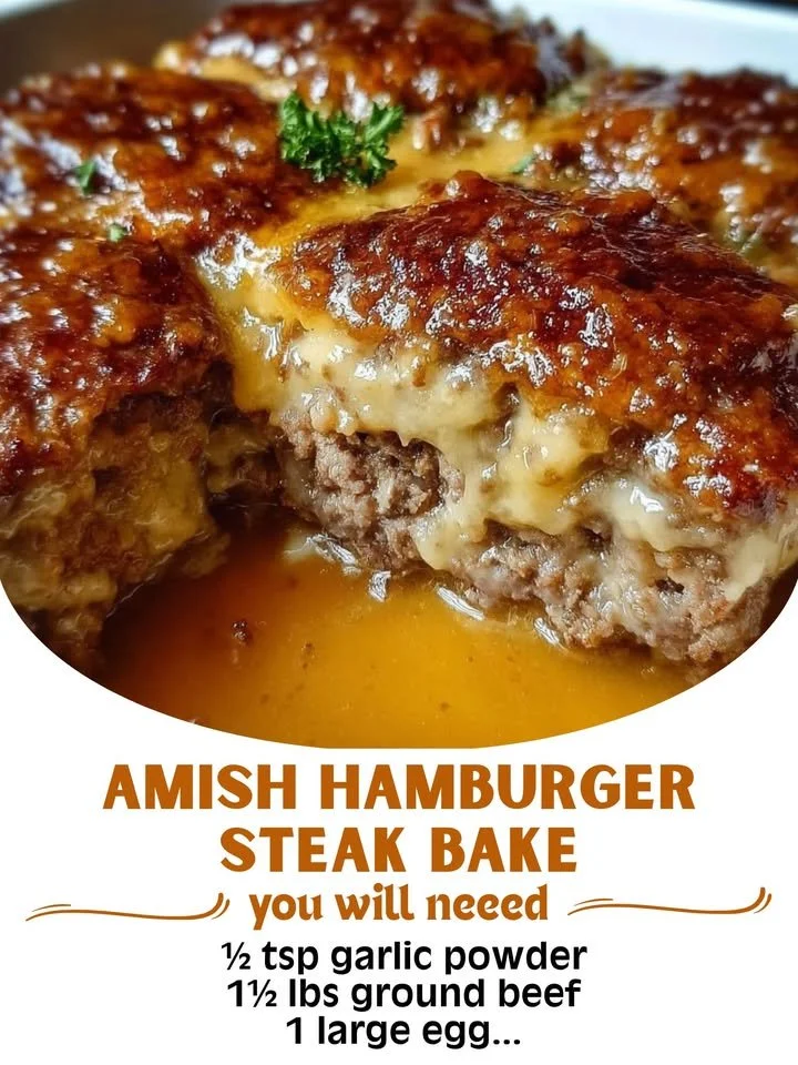 Amish Hamburger Steak Bake topped with savory gravy and served with vegetables