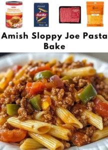 Amish Sloppy Joe Pasta Bake topped with melted cheese and garnished with herbs.