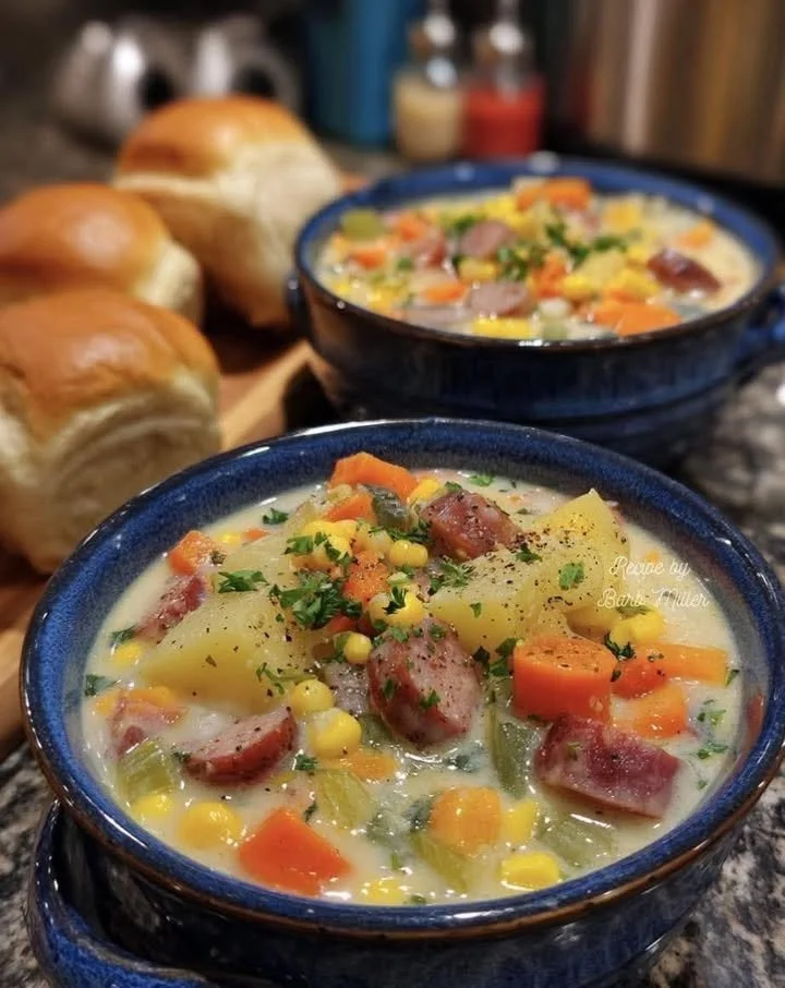 A steaming bowl of Amish Snow Day Soup, perfect for cold winter days.